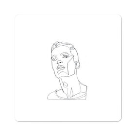 Магнит виниловый Квадрат с принтом портрет одной линией в Екатеринбурге, полимерный материал с магнитным слоем | размер 9*9 см, закругленные углы | Тематика изображения на принте: красавчик | лица мужчины | минимализм | мужчина | не отрывая руки | одной линией | рисунок линиями | тумблер | чб | черные линии