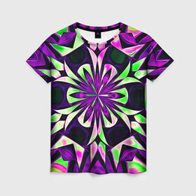 Женская футболка 3D с принтом Kaleidoscope в Екатеринбурге, 100% полиэфир ( синтетическое хлопкоподобное полотно) | прямой крой, круглый вырез горловины, длина до линии бедер | abstraction | fractal | kaleidoscope | light green | pattern | purple | symmetry | абстракция | калейдоскоп | салатовый | симметрия | узор | фиолетовый | фрактал