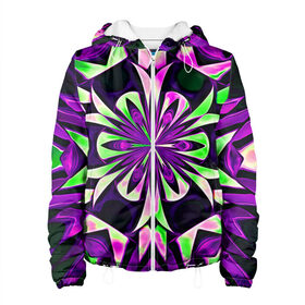 Женская куртка 3D с принтом Kaleidoscope в Екатеринбурге, ткань верха — 100% полиэстер, подклад — флис | прямой крой, подол и капюшон оформлены резинкой с фиксаторами, два кармана без застежек по бокам, один большой потайной карман на груди. Карман на груди застегивается на липучку | abstraction | fractal | kaleidoscope | light green | pattern | purple | symmetry | абстракция | калейдоскоп | салатовый | симметрия | узор | фиолетовый | фрактал