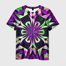 Мужская футболка 3D с принтом Kaleidoscope в Екатеринбурге, 100% полиэфир | прямой крой, круглый вырез горловины, длина до линии бедер | abstraction | fractal | kaleidoscope | light green | pattern | purple | symmetry | абстракция | калейдоскоп | салатовый | симметрия | узор | фиолетовый | фрактал