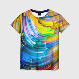 Женская футболка 3D с принтом Цветные полоски в Екатеринбурге, 100% полиэфир ( синтетическое хлопкоподобное полотно) | прямой крой, круглый вырез горловины, длина до линии бедер | colors | полоски | радуга | спагетти | цвета | цветная | цветные спагетти