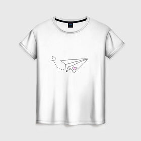 Женская футболка 3D с принтом самолетик в Екатеринбурге, 100% полиэфир ( синтетическое хлопкоподобное полотно) | прямой крой, круглый вырез горловины, длина до линии бедер | белый самолетик | бумажный самолетик | минимализм | розовое сердечко | самолет | самолетик | сердечко | тумблер | чб