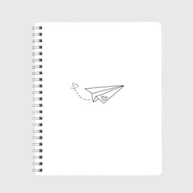 Тетрадь с принтом самолетик в Екатеринбурге, 100% бумага | 48 листов, плотность листов — 60 г/м2, плотность картонной обложки — 250 г/м2. Листы скреплены сбоку удобной пружинной спиралью. Уголки страниц и обложки скругленные. Цвет линий — светло-серый
 | Тематика изображения на принте: белый самолетик | бумажный самолетик | минимализм | розовое сердечко | самолет | самолетик | сердечко | тумблер | чб