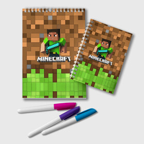 Блокнот с принтом Minecraft logo heroes в Екатеринбурге, 100% бумага | 48 листов, плотность листов — 60 г/м2, плотность картонной обложки — 250 г/м2. Листы скреплены удобной пружинной спиралью. Цвет линий — светло-серый
 | blox | creeper | dungeons | game | geometry | pixel | steve | алекс | герои | детям | зелень | игра | квадраты | крипер | куб | логотипы игр | майнкрафт | мальчикам | меч | мобы | персонажи | пиксель | пиксельный | подземелья