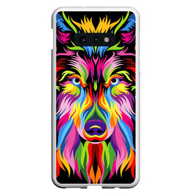 Чехол для Samsung S10E с принтом Neon wolf в Екатеринбурге, Силикон | Область печати: задняя сторона чехла, без боковых панелей | color | ears | eyes | muzzle | neon | nose | paint | skin | view | wolf | взгляд | волк | глаза | краска | неон | нос | уши | цвет | шерсть