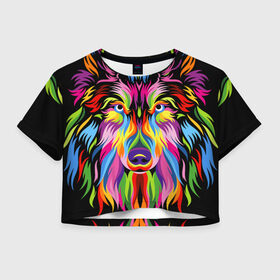 Женская футболка Crop-top 3D с принтом Neon wolf в Екатеринбурге, 100% полиэстер | круглая горловина, длина футболки до линии талии, рукава с отворотами | color | ears | eyes | muzzle | neon | nose | paint | skin | view | wolf | взгляд | волк | глаза | краска | неон | нос | уши | цвет | шерсть