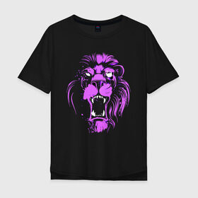 Мужская футболка хлопок Oversize с принтом Neon lion в Екатеринбурге, 100% хлопок | свободный крой, круглый ворот, “спинка” длиннее передней части | ears | eyes | fangs | jaw | lion | mane | muzzle | neon | глаза | грива | клыки | лев | неон | пасть | уши