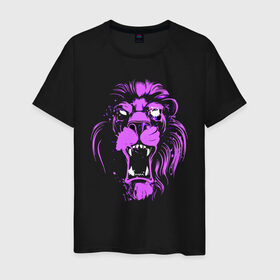 Мужская футболка хлопок с принтом Neon lion в Екатеринбурге, 100% хлопок | прямой крой, круглый вырез горловины, длина до линии бедер, слегка спущенное плечо. | ears | eyes | fangs | jaw | lion | mane | muzzle | neon | глаза | грива | клыки | лев | неон | пасть | уши