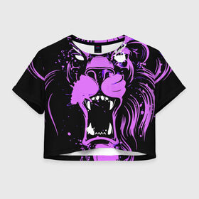 Женская футболка Crop-top 3D с принтом Pink lion в Екатеринбурге, 100% полиэстер | круглая горловина, длина футболки до линии талии, рукава с отворотами | ears | eyes | fangs | jaw | lion | mane | muzzle | neon | pink | глаза | грива | клыки | лев | неон | пасть | розовый | уши