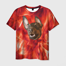 Мужская футболка 3D с принтом Огненый Пес в Екатеринбурге, 100% полиэфир | прямой крой, круглый вырез горловины, длина до линии бедер | голова | горячий | горящий | доберман | животное | зверек | зверь | зубы | клык | красный | лицо | овчарка | огонь | пес | пламя | рот | ротвейлер | свет | собака | удивленный | улыбка | щенок