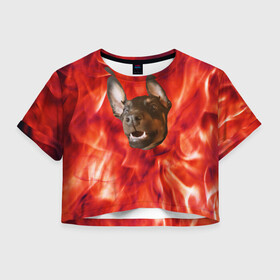 Женская футболка Crop-top 3D с принтом Огненый Пес в Екатеринбурге, 100% полиэстер | круглая горловина, длина футболки до линии талии, рукава с отворотами | голова | горячий | горящий | доберман | животное | зверек | зверь | зубы | клык | красный | лицо | овчарка | огонь | пес | пламя | рот | ротвейлер | свет | собака | удивленный | улыбка | щенок