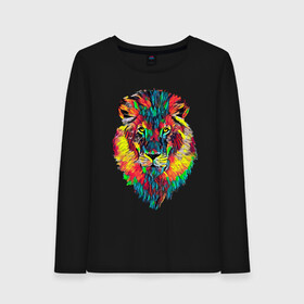 Женский лонгслив хлопок с принтом Rainbow lion в Екатеринбурге, 100% хлопок |  | color | ears | eyes | jaw | lion | mane | muzzle | nose | paint | view | взгляд | глаза | грива | краска | лев | нос | пасть | цвет