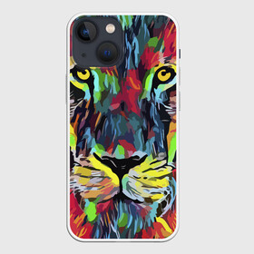 Чехол для iPhone 13 mini с принтом Rainbow lion в Екатеринбурге,  |  | Тематика изображения на принте: color | ears | eyes | jaw | lion | mane | muzzle | nose | paint | view | взгляд | глаза | грива | краска | лев | нос | пасть | цвет