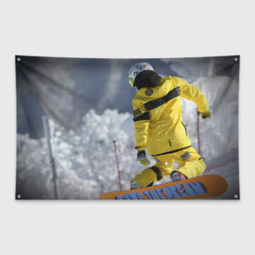 Флаг-баннер с принтом сноубордист в Екатеринбурге, 100% полиэстер | размер 67 х 109 см, плотность ткани — 95 г/м2; по краям флага есть четыре люверса для крепления | snowboard | прыжок | сноуборд | сноубординг | сноубордист | экстрим