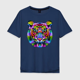 Мужская футболка хлопок Oversize с принтом Color tiger в Екатеринбурге, 100% хлопок | свободный крой, круглый ворот, “спинка” длиннее передней части | color | ears | eyes | muzzle | neon | tiger | vanguard | view | авангард | взгляд | глаза | неон | тигр | уши | цвет