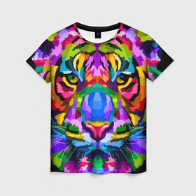 Женская футболка 3D с принтом Neon tiger в Екатеринбурге, 100% полиэфир ( синтетическое хлопкоподобное полотно) | прямой крой, круглый вырез горловины, длина до линии бедер | color | ears | eyes | muzzle | neon | tiger | vanguard | view | авангард | взгляд | глаза | неон | тигр | уши | цвет