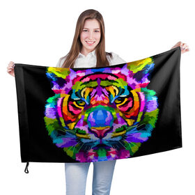 Флаг 3D с принтом Neon tiger в Екатеринбурге, 100% полиэстер | плотность ткани — 95 г/м2, размер — 67 х 109 см. Принт наносится с одной стороны | color | ears | eyes | muzzle | neon | tiger | vanguard | view | авангард | взгляд | глаза | неон | тигр | уши | цвет