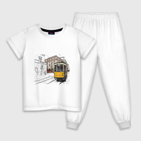 Детская пижама хлопок с принтом Белый и желтый поезд в Екатеринбурге, 100% хлопок |  брюки и футболка прямого кроя, без карманов, на брюках мягкая резинка на поясе и по низу штанин
 | Тематика изображения на принте: белый и желтый поезд | город | дорога | трамвай | транспорт | улица