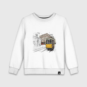 Детский свитшот хлопок с принтом Белый и желтый поезд в Екатеринбурге, 100% хлопок | круглый вырез горловины, эластичные манжеты, пояс и воротник | белый и желтый поезд | город | дорога | трамвай | транспорт | улица