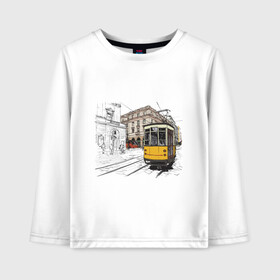 Детский лонгслив хлопок с принтом Белый и желтый поезд в Екатеринбурге, 100% хлопок | круглый вырез горловины, полуприлегающий силуэт, длина до линии бедер | белый и желтый поезд | город | дорога | трамвай | транспорт | улица
