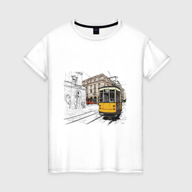Женская футболка хлопок с принтом Белый и желтый поезд в Екатеринбурге, 100% хлопок | прямой крой, круглый вырез горловины, длина до линии бедер, слегка спущенное плечо | белый и желтый поезд | город | дорога | трамвай | транспорт | улица