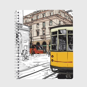 Тетрадь с принтом Белый и желтый поезд в Екатеринбурге, 100% бумага | 48 листов, плотность листов — 60 г/м2, плотность картонной обложки — 250 г/м2. Листы скреплены сбоку удобной пружинной спиралью. Уголки страниц и обложки скругленные. Цвет линий — светло-серый
 | Тематика изображения на принте: белый и желтый поезд | город | дорога | трамвай | транспорт | улица