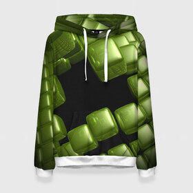 Женская толстовка 3D с принтом зеленый куб в Екатеринбурге, 100% полиэстер  | двухслойный капюшон со шнурком для регулировки, мягкие манжеты на рукавах и по низу толстовки, спереди карман-кенгуру с мягким внутренним слоем. | 3d | абстракция | зеленый | илюзия | квадрат | куб