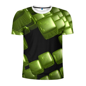 Мужская футболка 3D спортивная с принтом зеленый куб в Екатеринбурге, 100% полиэстер с улучшенными характеристиками | приталенный силуэт, круглая горловина, широкие плечи, сужается к линии бедра | 3d | абстракция | зеленый | илюзия | квадрат | куб