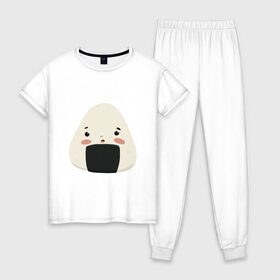 Женская пижама хлопок с принтом Онигири в Екатеринбурге, 100% хлопок | брюки и футболка прямого кроя, без карманов, на брюках мягкая резинка на поясе и по низу штанин | 