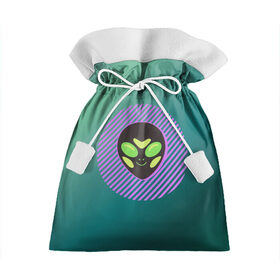 Подарочный 3D мешок с принтом Инопланетяша на зеленом фоне в Екатеринбурге, 100% полиэстер | Размер: 29*39 см | Тематика изображения на принте: градиент | зеленый | инопланетянин | круг | лицо | наука | нло | подарок | полоски | пришелец | улыбка | фантастика | фиолетовый