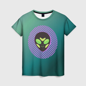 Женская футболка 3D с принтом Инопланетяша на зеленом фоне в Екатеринбурге, 100% полиэфир ( синтетическое хлопкоподобное полотно) | прямой крой, круглый вырез горловины, длина до линии бедер | градиент | зеленый | инопланетянин | круг | лицо | наука | нло | подарок | полоски | пришелец | улыбка | фантастика | фиолетовый