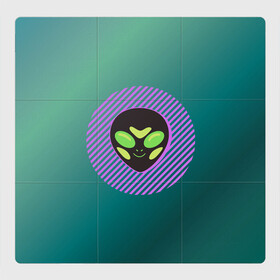 Магнитный плакат 3Х3 с принтом Инопланетяша на зеленом фоне в Екатеринбурге, Полимерный материал с магнитным слоем | 9 деталей размером 9*9 см | Тематика изображения на принте: градиент | зеленый | инопланетянин | круг | лицо | наука | нло | подарок | полоски | пришелец | улыбка | фантастика | фиолетовый