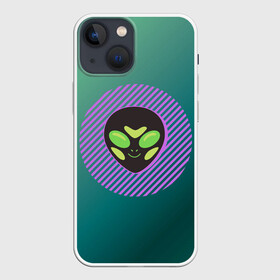 Чехол для iPhone 13 mini с принтом Инопланетяша на зеленом фоне в Екатеринбурге,  |  | градиент | зеленый | инопланетянин | круг | лицо | наука | нло | подарок | полоски | пришелец | улыбка | фантастика | фиолетовый