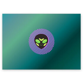 Поздравительная открытка с принтом Инопланетяша на зеленом фоне в Екатеринбурге, 100% бумага | плотность бумаги 280 г/м2, матовая, на обратной стороне линовка и место для марки
 | градиент | зеленый | инопланетянин | круг | лицо | наука | нло | подарок | полоски | пришелец | улыбка | фантастика | фиолетовый