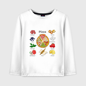Детский лонгслив хлопок с принтом Рецепт пиццы в Екатеринбурге, 100% хлопок | круглый вырез горловины, полуприлегающий силуэт, длина до линии бедер | Тематика изображения на принте: блюдо | грибы | колбаса | колбаска | креветки | кусочки пиццы | мята | оливки | перец | пицца | помидоры | сыр | тесто