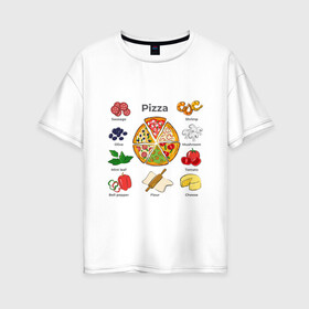 Женская футболка хлопок Oversize с принтом Рецепт пиццы в Екатеринбурге, 100% хлопок | свободный крой, круглый ворот, спущенный рукав, длина до линии бедер
 | Тематика изображения на принте: блюдо | грибы | колбаса | колбаска | креветки | кусочки пиццы | мята | оливки | перец | пицца | помидоры | сыр | тесто