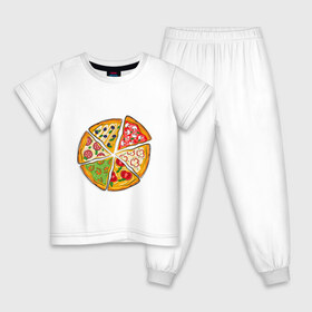 Детская пижама хлопок с принтом Пицца ассорти в Екатеринбурге, 100% хлопок |  брюки и футболка прямого кроя, без карманов, на брюках мягкая резинка на поясе и по низу штанин
 | грибы | колбаса | креветки | кусочки пиццы | оливки | пицца | пиццерия | помидоры