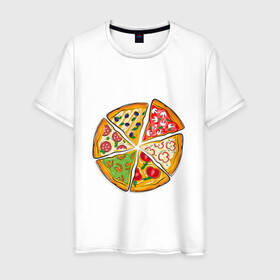 Мужская футболка хлопок с принтом Пицца ассорти в Екатеринбурге, 100% хлопок | прямой крой, круглый вырез горловины, длина до линии бедер, слегка спущенное плечо. | грибы | колбаса | креветки | кусочки пиццы | оливки | пицца | пиццерия | помидоры