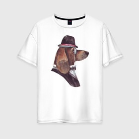 Женская футболка хлопок Oversize с принтом Такса в пенсне и шляпе в Екатеринбурге, 100% хлопок | свободный крой, круглый ворот, спущенный рукав, длина до линии бедер
 | аристократ | портрет собаки | собака джентельмен