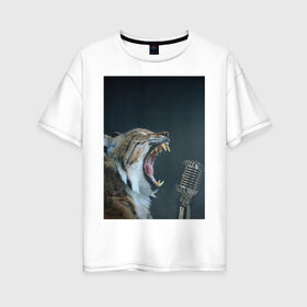 Женская футболка хлопок Oversize с принтом рысь в Екатеринбурге, 100% хлопок | свободный крой, круглый ворот, спущенный рукав, длина до линии бедер
 | животные | микрофон | пение | рык | рысь | ситуация