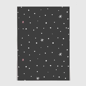 Постер с принтом Снежинки и звёзды в Екатеринбурге, 100% бумага
 | бумага, плотность 150 мг. Матовая, но за счет высокого коэффициента гладкости имеет небольшой блеск и дает на свету блики, но в отличии от глянцевой бумаги не покрыта лаком | белый | звезда | зима | небо | снег | снежинка | чёрный