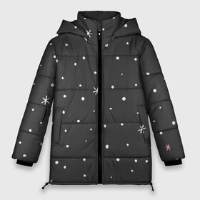 Женская зимняя куртка 3D с принтом Снежинки и звёзды в Екатеринбурге, верх — 100% полиэстер; подкладка — 100% полиэстер; утеплитель — 100% полиэстер | длина ниже бедра, силуэт Оверсайз. Есть воротник-стойка, отстегивающийся капюшон и ветрозащитная планка. 

Боковые карманы с листочкой на кнопках и внутренний карман на молнии | белый | звезда | зима | небо | снег | снежинка | чёрный