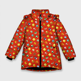Зимняя куртка для девочек 3D с принтом Super Mario в Екатеринбурге, ткань верха — 100% полиэстер; подклад — 100% полиэстер, утеплитель — 100% полиэстер. | длина ниже бедра, удлиненная спинка, воротник стойка и отстегивающийся капюшон. Есть боковые карманы с листочкой на кнопках, утяжки по низу изделия и внутренний карман на молнии. 

Предусмотрены светоотражающий принт на спинке, радужный светоотражающий элемент на пуллере молнии и на резинке для утяжки. | 8 бит | dandy | mario | водопроводчик | денди | игры на денди | марио