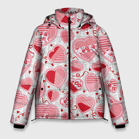 Мужская зимняя куртка 3D с принтом Розовые валентинки в Екатеринбурге, верх — 100% полиэстер; подкладка — 100% полиэстер; утеплитель — 100% полиэстер | длина ниже бедра, свободный силуэт Оверсайз. Есть воротник-стойка, отстегивающийся капюшон и ветрозащитная планка. 

Боковые карманы с листочкой на кнопках и внутренний карман на молнии. | арт | влюблённые | день влюблённых | день святого валентина | красный | рисунок | розовый | сердечко | сердца | сердце | середчки