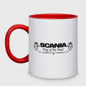 Кружка двухцветная с принтом Scania - King of the Road в Екатеринбурге, керамика | объем — 330 мл, диаметр — 80 мм. Цветная ручка и кайма сверху, в некоторых цветах — вся внутренняя часть | king of road | king of the road | saab | saab logo | scania | scania king | scania logo | грузовик | дальнобойщик | сааб | сканиа | скания | скания значок | скания лого | скания логотип | скания символ | шофер