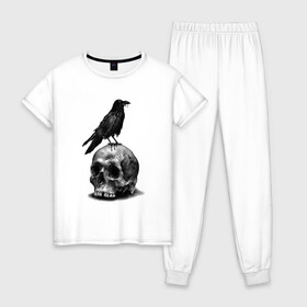 Женская пижама хлопок с принтом Ворона в Екатеринбурге, 100% хлопок | брюки и футболка прямого кроя, без карманов, на брюках мягкая резинка на поясе и по низу штанин | арт | ворона | карандаш | птица | череп