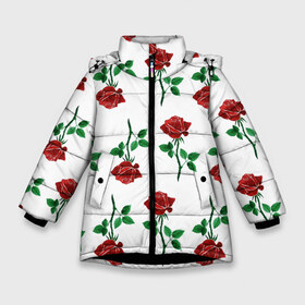 Зимняя куртка для девочек 3D с принтом Паттерн из роз в Екатеринбурге, ткань верха — 100% полиэстер; подклад — 100% полиэстер, утеплитель — 100% полиэстер. | длина ниже бедра, удлиненная спинка, воротник стойка и отстегивающийся капюшон. Есть боковые карманы с листочкой на кнопках, утяжки по низу изделия и внутренний карман на молнии. 

Предусмотрены светоотражающий принт на спинке, радужный светоотражающий элемент на пуллере молнии и на резинке для утяжки. | Тематика изображения на принте: красный | красота | паттерн | природа | роза | узор | цветок | цветы