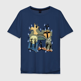 Мужская футболка хлопок Oversize с принтом Этнический стиль в Екатеринбурге, 100% хлопок | свободный крой, круглый ворот, “спинка” длиннее передней части | белый | ворон | золотой | иероглифы | индейцы | луна | люди | охота | ритуал | синий | солнце | этника