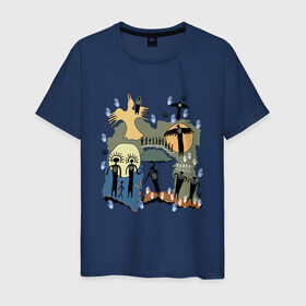 Мужская футболка хлопок с принтом Этнический стиль в Екатеринбурге, 100% хлопок | прямой крой, круглый вырез горловины, длина до линии бедер, слегка спущенное плечо. | белый | ворон | золотой | иероглифы | индейцы | луна | люди | охота | ритуал | синий | солнце | этника