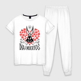 Женская пижама хлопок с принтом Dia De Los Muertos в Екатеринбурге, 100% хлопок | брюки и футболка прямого кроя, без карманов, на брюках мягкая резинка на поясе и по низу штанин | bugs bunny | looney tunes | vdzabma | багз банни | луни тюнз